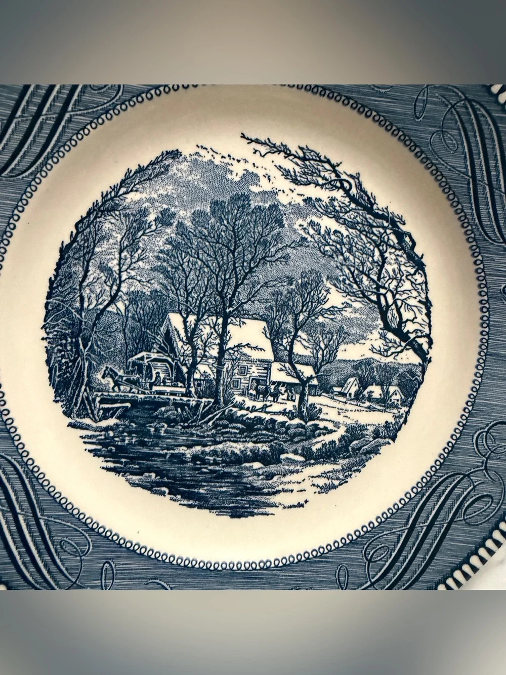 Currier & Ives The Old Grist Mill Blue and White Scenic Ceramic Dinner Plate 10”
